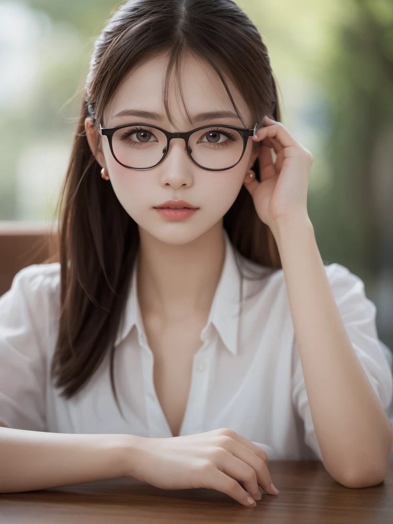 On the table, Glasses with narrow frames,Highest quality, figure, Very detailed, Fine details, High resolution, 8k wallpaper, Perfect dynamic composition, Beautiful and delicate eyes, Summer women's clothing,Medium Hair,Large Breasts、Natural color lips, Bold gesture,smile,Harajuku、20-year-old girl、Lovely、Looking into the camera lens