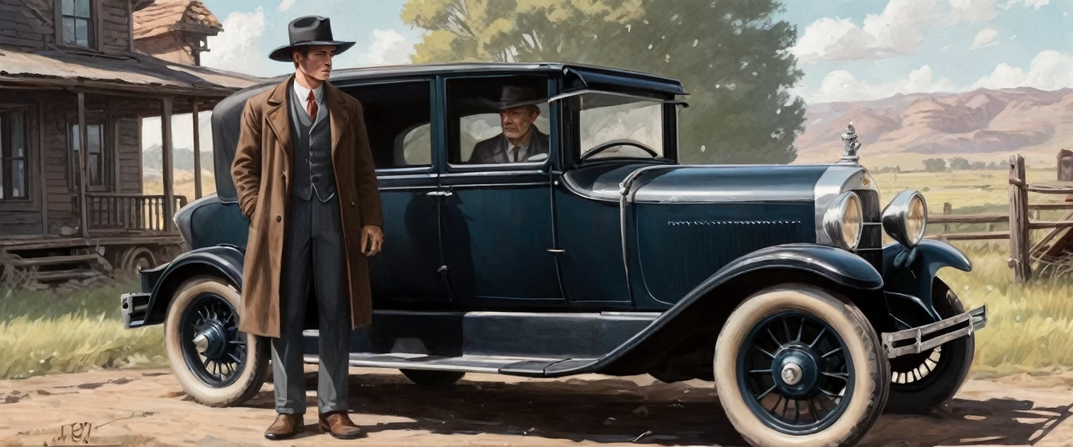 a painting of a man and woman standing next to an old 1920s' car, as illustrated in top cow comics, in the old west, featured on dribbble, kino's journey (2003), mystery and detective themed, valve promotional splash art, the 'american gothic' painting, ( ( large black hat ) ), twisted rays, scythe design, anato finnstark and kelogsloops