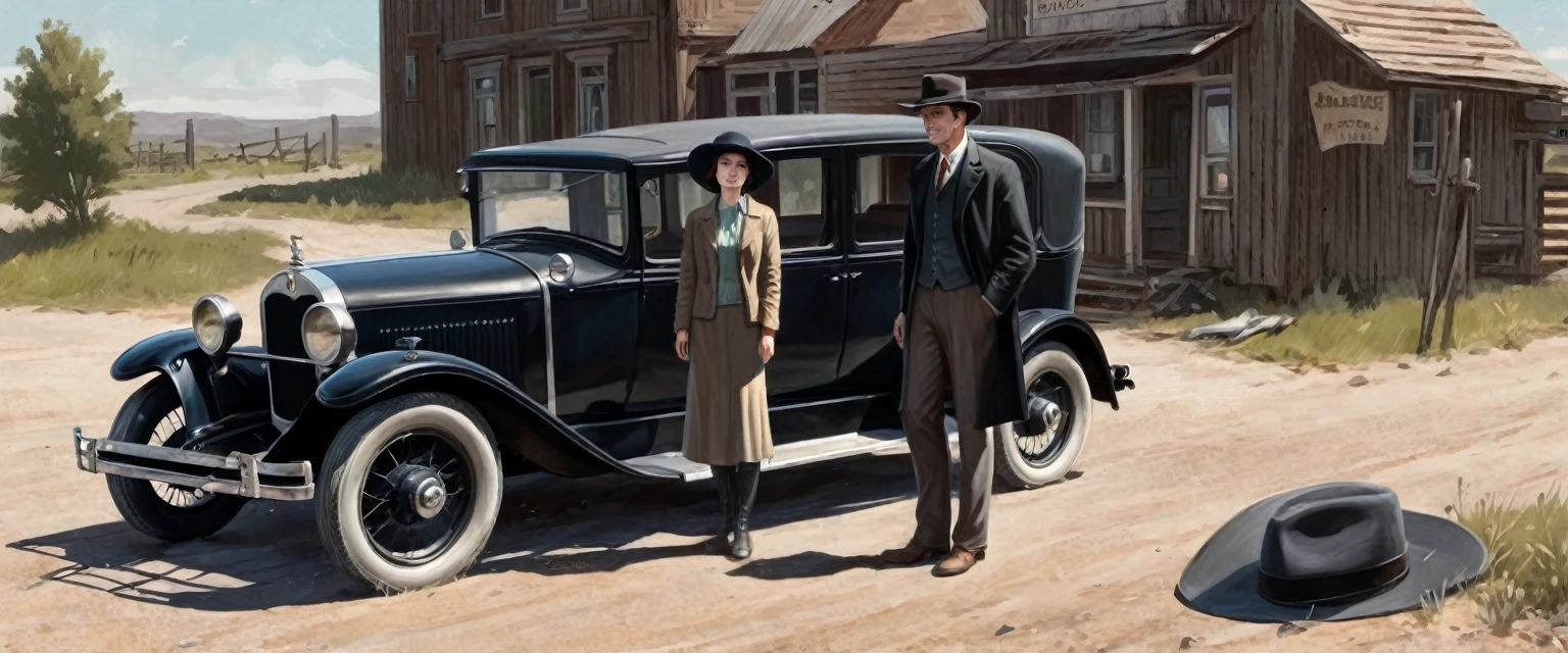 a painting of a man and woman standing next to an old 1920s' car, as illustrated in top cow comics, in the old west, featured on dribbble, kino's journey (2003), mystery and detective themed, valve promotional splash art, the 'american gothic' painting, ( ( large black hat ) ), twisted rays, scythe design, anato finnstark and kelogsloops
