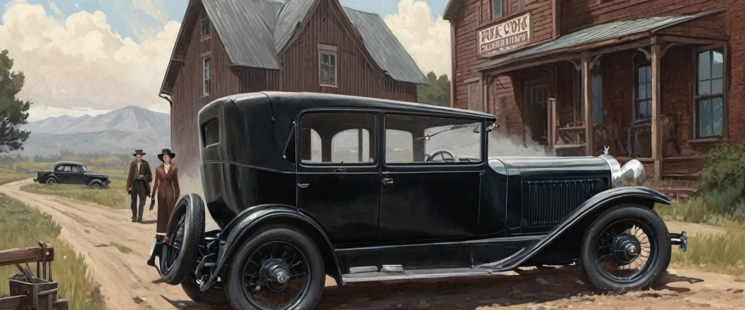 a painting of a man and woman standing next to an old 1920s' car, as illustrated in top cow comics, in the old west, featured on dribbble, kino's journey (2003), mystery and detective themed, valve promotional splash art, the 'american gothic' painting, ( ( large black hat ) ), twisted rays, scythe design, anato finnstark and kelogsloops