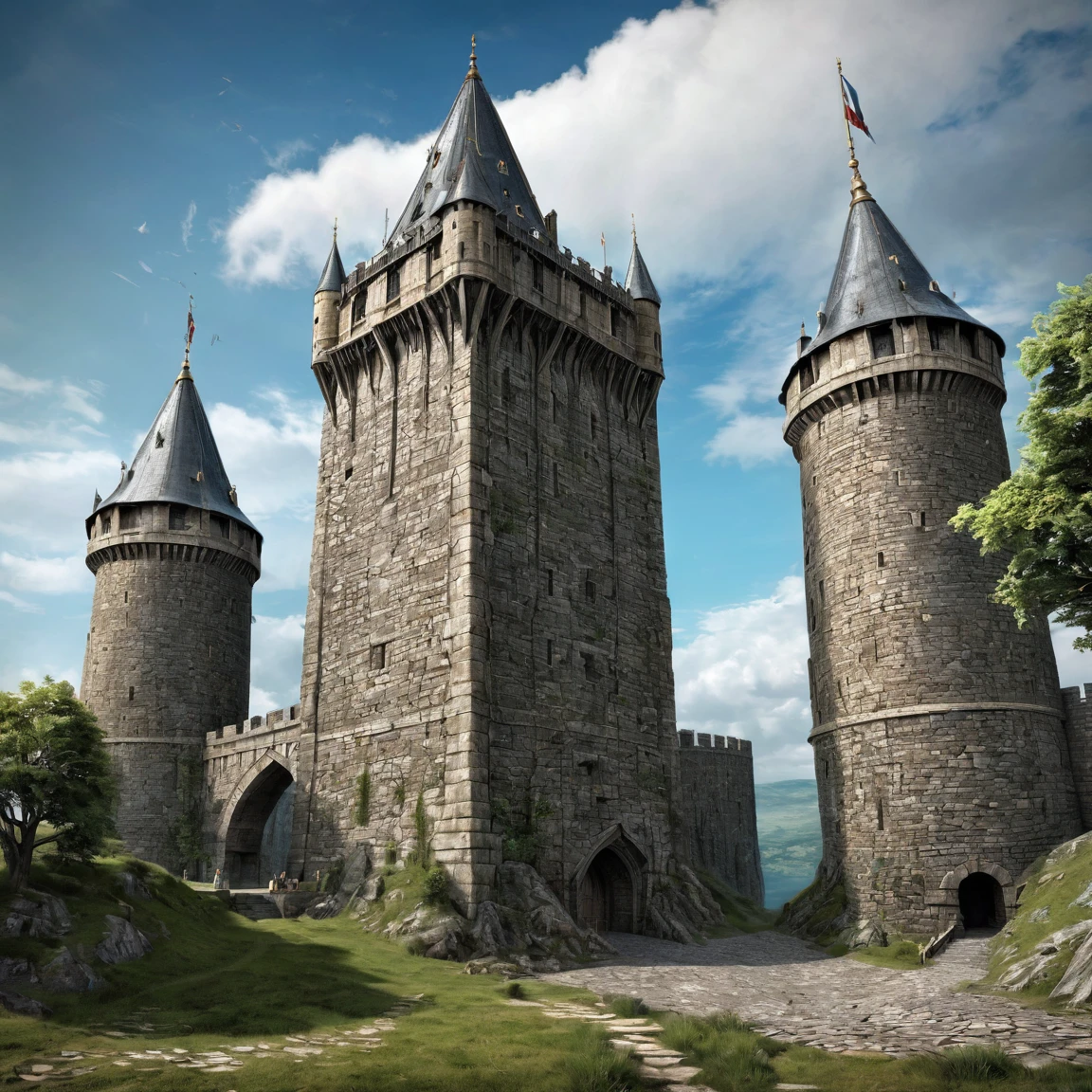 (best quality)), ((masterpiece)), ((realistic,digital art)), (super detailed), gigantesque forteresse en gneiss occupant toute la vue, very important fortifications, (gigantic, very slender towers), (medieval fantasy style), view from the ground