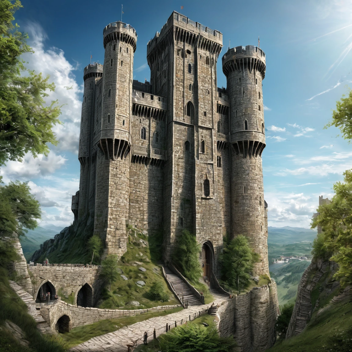 (best quality)), ((masterpiece)), ((realistic,digital art)), (super detailed), gigantesque forteresse en gneiss occupant toute la vue, very important fortifications, (gigantic, very slender towers), (medieval fantasy style), view from the ground