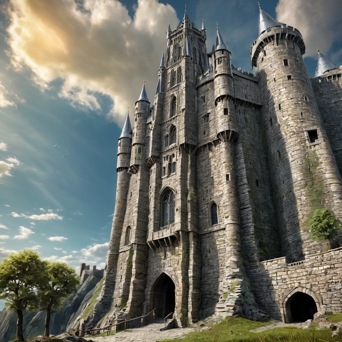 (best quality)), ((masterpiece)), ((realistic,digital art)), (super detailed), gigantesque forteresse en gneiss occupant toute la vue, very important fortifications, (gigantic, very slender towers), (medieval fantasy style), view from the ground