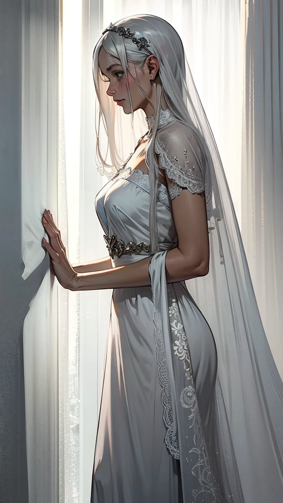 veil, gray curtains, white hair, gray white, Guvez's artistic style, A arrogant and indifferent girl, Squinting in half, white eyeball, timid, national style, Grey-White