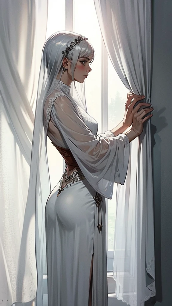 veil, gray curtains, white hair, gray white, Guvez's artistic style, A arrogant and indifferent girl, Squinting in half, white eyeball, timid, national style, Grey-White
