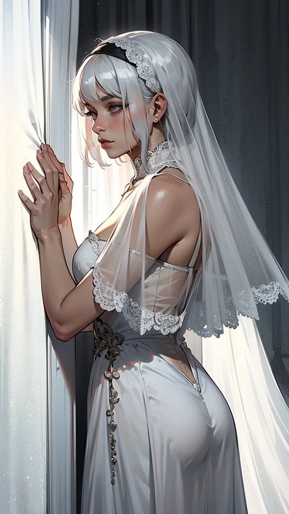 veil, gray curtains, white hair, gray white, Guvez's artistic style, A arrogant and indifferent girl, Squinting in half, white eyeball, timid, national style, Grey-White