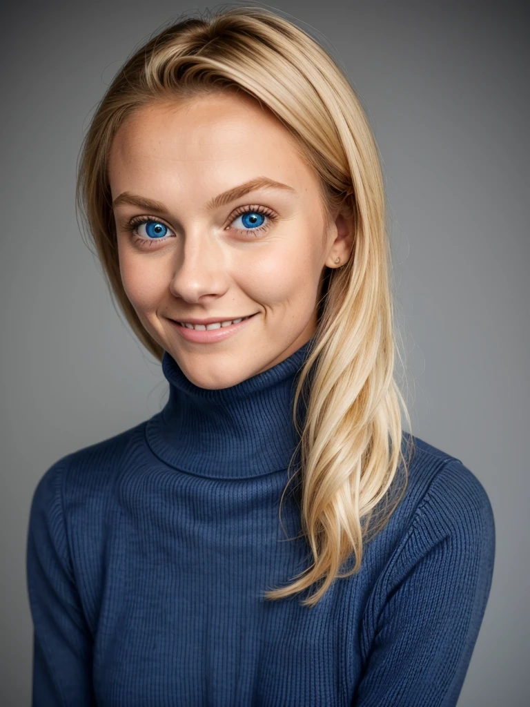 photo of a playful cute blonde teen submissive wife with big bulging beautiful eyes, She wears: (turtleneck high ribbed bright tight dark blue sweater:1.1), submissive seductive pose, high tight ribbed neck, seductive smile, perfect fake tits, turtleneck top