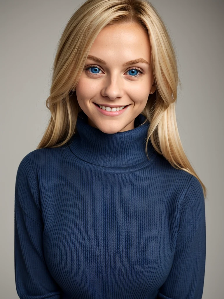 photo of a playful cute blonde submissive wife with big bulging beautiful eyes, She wears: (turtleneck high ribbed bright tight dark blue sweater:1.1), submissive seductive pose, high tight ribbed neck, seductive smile, perfect fake tits, turtleneck top