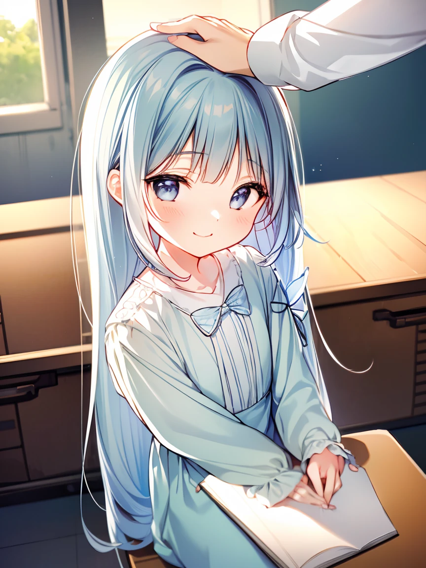 masterpiece, best quality, extremely detailed, (illustration, official art:1.1), 1 girl ,(((( light blue long hair)))), ,(((( light blue long hair)))),light blue hair, , long hair ((blush)) , cute face, big eyes, masterpiece, best quality,(((((a very delicate and beautiful girl))))),Amazing,beautiful detailed eyes,blunt bangs((((little delicate girl)))),tareme(true beautiful:1.2), sense of depth,dynamic angle,,,, affectionate smile, (true beautiful:1.2),,(tiny 1girl model:1.2),)(flat chest), 1girl, (masterpiece, best quality, ultra detailed, 4K:1.5), ultra-detailed background, 1 girl, 1 man, from above, focus upper body, (((headpat))), BREAK kleedef, kleernd, cute face, smile,  very happy, sitting, studying at a desk, BREAK in the library, {Illustration}, {{Very delicate and beautiful}}, Classroom (school desk), (textbook, notebook, mechanical pencil, Pencil case) 1 girl (small build, short limbs, , in front of desk), round face,textbook、(((Concept_Headpat)))
