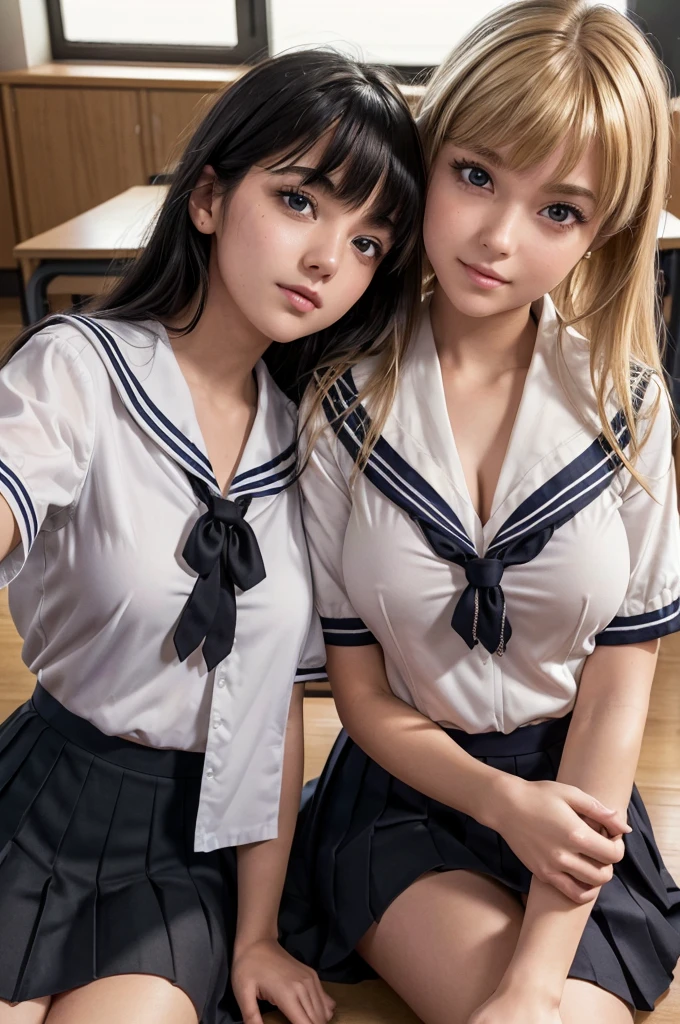 (Highly detailed CG,Unity,8K wallpapers are so delicate and beautiful),(masterpiece),(Highest quality:1.0),(超High resolution:1.0),Beautiful lighting,Realistic Shadows,[High resolution],Detailed skin,Ultra-detailed,Detailed face and eyes,Realistic eyes,Sharp pupils,In the classroom,School,Beautiful Face,Beautiful girl,Glowing Skin,Side Up,Beautiful black hair,Blunt bangs,Sailor suit,Pleated mini skirt,((Short sleeve)),Browsing Caution, ((Tabletop, Highest quality)),Highly detailed skin, Highly detailed face, Beautiful eyes in every detail,(((Two contrasting female students))),(((Honor Student and Yankee))),Large cleavage, (Sailor blouse,Lift up your pleated skirt yourself:1.3),avert your eyes,Drooling and flowing,(Spread your legs,Thigh focus),In the classroom,Man lying on floor,Shooting from below,Sailor blouseから胸が見える,(((Two female students embracing each other))),((Blonde Short Hair)),((Long black hair)),
