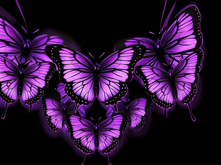 Swarm of purple glowing butterflies with a black background filling the image