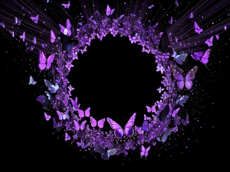 Swarm of purple glowing butterflies with a black background filling the image