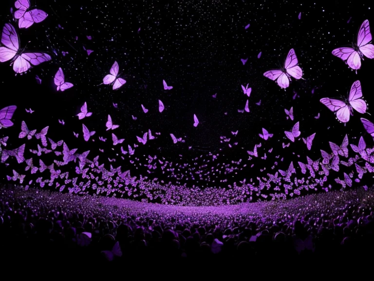 Swarm of purple glowing butterflies with a black background filling the image