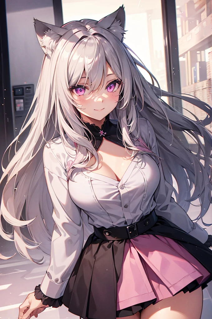 Highly detailed face,fine grain,Sparkling eyes,Highlighted eyes,Medium chest,pretty girl, smile,Longing eyes,Cat ear, Beautiful silver hair,Pink inside,Beautiful pink eyes,Oversized shirt,skirt