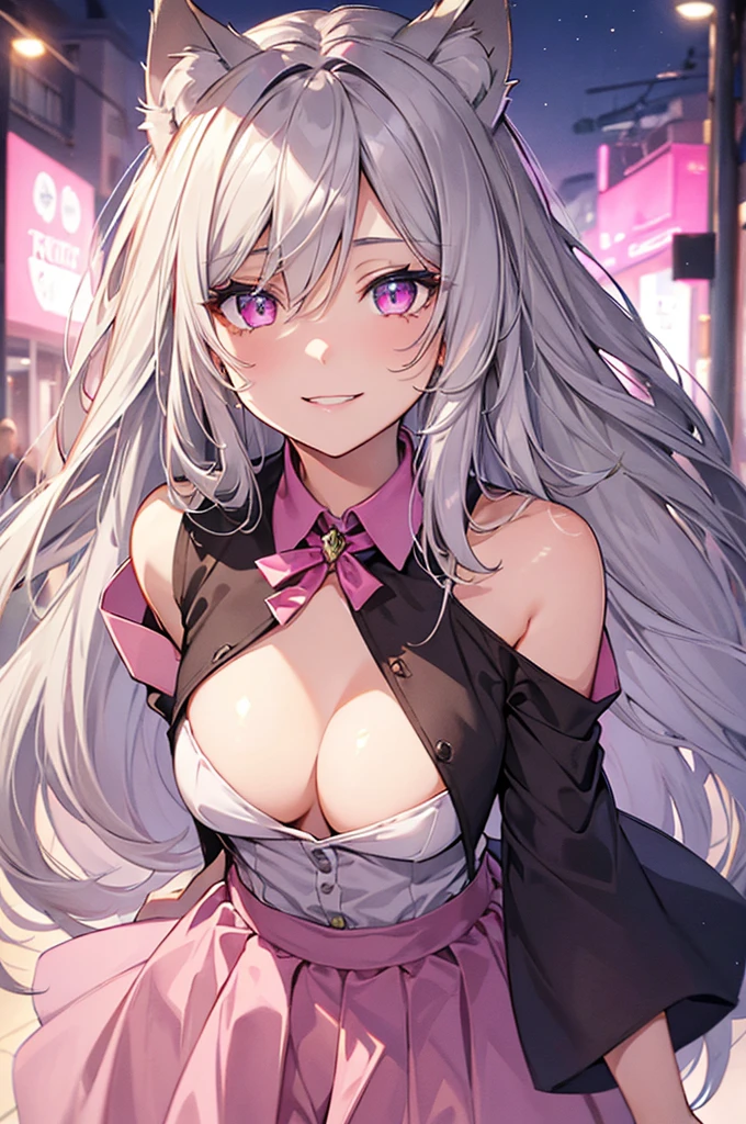 Highly detailed face,fine grain,Sparkling eyes,Highlighted eyes,Medium chest,pretty girl, smile,Longing eyes,Cat ear, Beautiful silver hair,Pink inside,Beautiful pink eyes,Oversized shirt,skirt