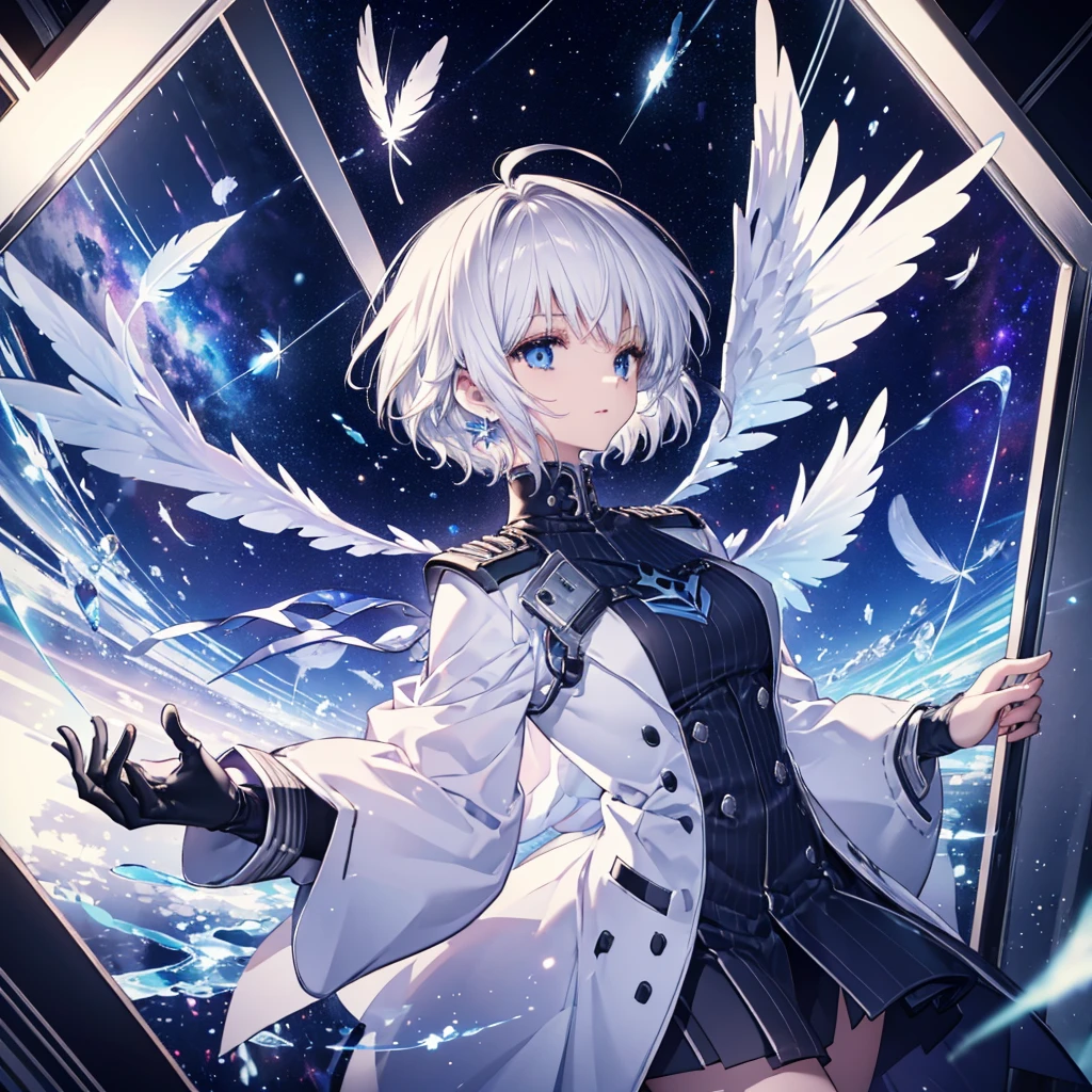 ((Archangel Fantasy White Hair short hair Dull blue eyes 1 person)) ((There is a galaxy uniform Put on a coat without putting your arms through it)) (((Wings many times larger than mine Glass Feather))) Pillar of Light cyber punk Smiling Kindly front)) ((tears gloves)) (Broken glass Rolling Pebble Distorted Space-Time star) Catch the wind milky way Shining Background Particles of light rainbow colored edges Shining Edges star