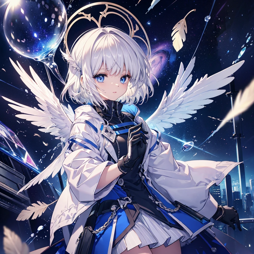 ((Archangel　Fantasy　White Hair　short hair　Dull blue eyes　1 person))　((There is a galaxy　uniform　Put on a coat without putting your arms through it))　(((Wings many times larger than mine　Glass Feather)))　Pillar of Light　cyber punk　Smiling Kindly　front))　((tears　gloves))　(Broken glass　Rolling Pebble　Distorted Space-Time　star)　Catch the wind　milky way　Shining Background　Particles of light　rainbow colored edges　Shining Edges　star
