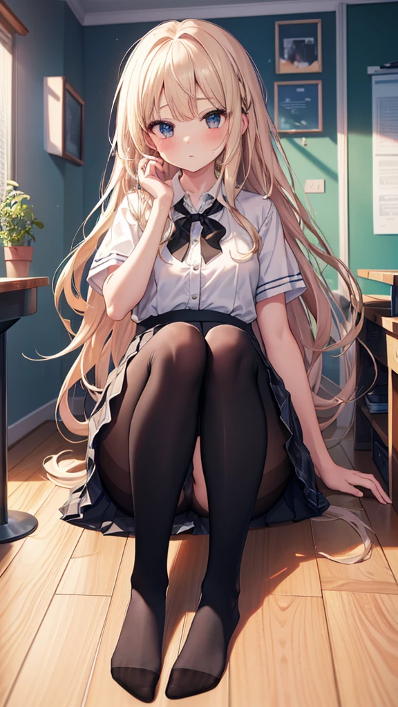 (8K、Best image quality、Highest quality、masterpiece)、One tall girl、((Full body))、Sit on the floor with your legs spread apart、White panties are visible、Long Hair、Wavy Hair、blush、Moderate bust、White collared shirt、Short sleeve、((Plaid pleated mini skirt))、Classroom Background、((black tights))、Black Pantyhose、((No shoes))