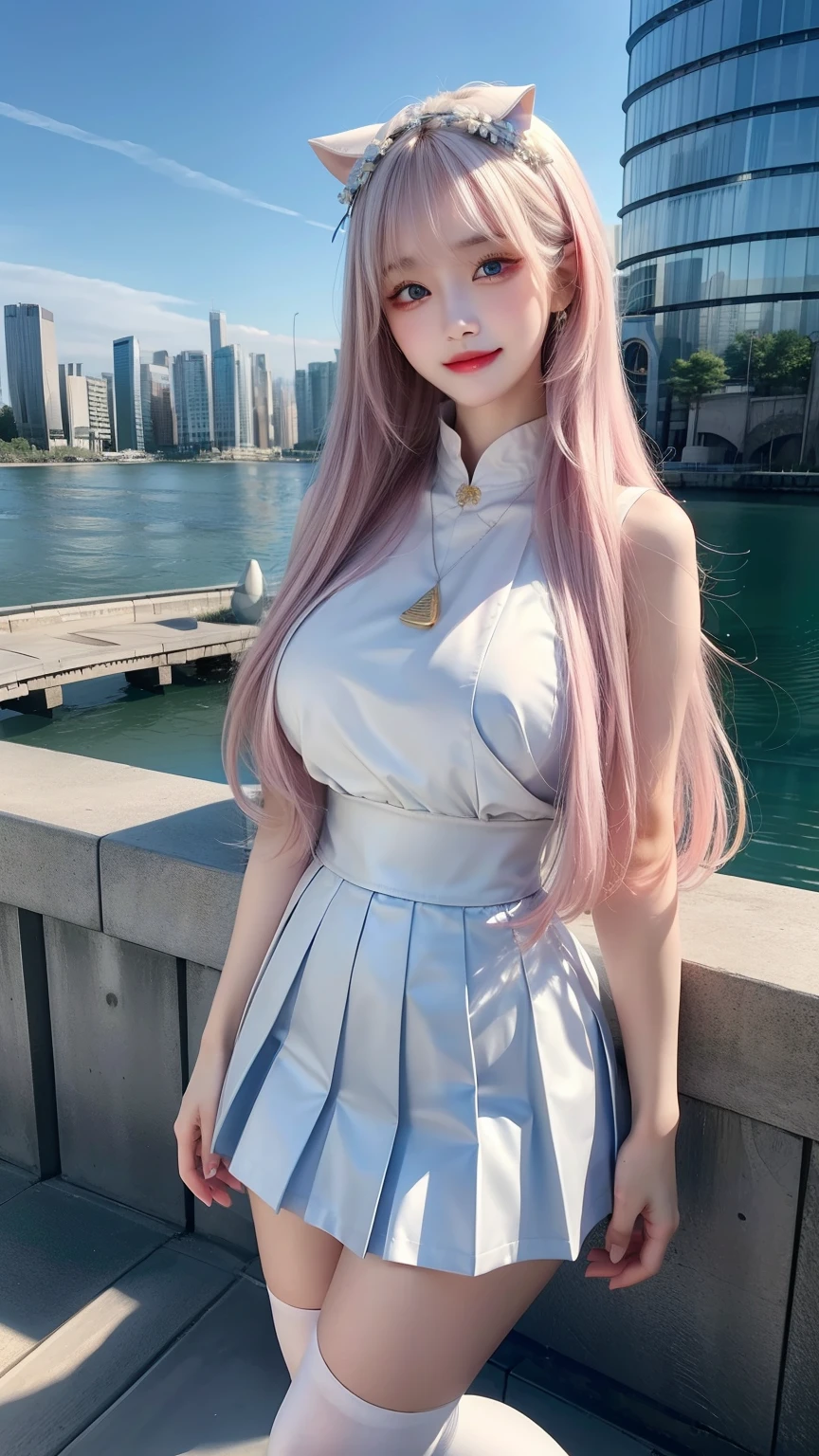 official art, masterpiece, sharp focus, (beautiful gorgeous cute Korean woman:1.3), (beautiful cute korean:1.3), korean beauty, Delicate and beautiful hair and eyes and face, realistic, ultra detailed, beautiful girl, blue sky, glow white particle, (sidelighting:1.2), sun light, white cloud, detailed clouds, slender, Lovely very large breasts and very large hips, smile with teeth, ((smile with eyes, open both eyes)), scenery, long straight hair, sexy facial expression, building, (cityscape:1.7), dynamic hair, long straight hair, detailed platinum pink hair, glow blue eyes, (blue pleated shirts + white skirt), white long socks, pale skin, hair ornament, epic scenery,