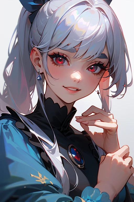 (Highest quality, masterpiece:1.2), (High resolution, 最高masterpiece).(difficult).Very detailed, Realistic:1.37, Fantasy, An illustration,Gray Hair、 Red eyes、Queen, Navy and blue dress、beautifully、Eyeshadow Red、Thick eyebrows、Long eyelashes、pupils are black、shiny on the lips、Top Sites、Queen、Princess、A kind smile、Show your teeth a little and smile、Soft impression、people々々々々々々々々々Loved by、Slimming the face、Shoulder Bare、ponytail、Kissing Face、Long white hair、Shaggy Bangs、Save face image、Cinderella Castle、