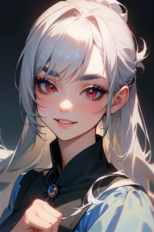 (Highest quality, masterpiece:1.2), (High resolution, 最高masterpiece).(difficult).Very detailed, Realistic:1.37, Fantasy, An illustration,Gray Hair、 Red eyes、Queen, Navy and blue dress、beautifully、Eyeshadow Red、Thick eyebrows、Long eyelashes、pupils are black、shiny on the lips、Top Sites、Queen、Princess、A kind smile、Show your teeth a little and smile、Soft impression、people々々々々々々々々々Loved by、Slimming the face、Shoulder Bare、ponytail、Kissing Face、Long white hair、Shaggy Bangs、Save face image、Cinderella Castle、