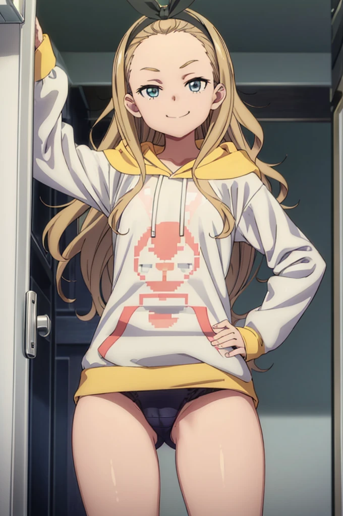 (((pixel-perfect, detail-perfect))), solo, 1girl, kurumi, hoodie, looking at viewer, smirk, smug, panties,bare legs,my room,from below,cameltoe,evil smile
