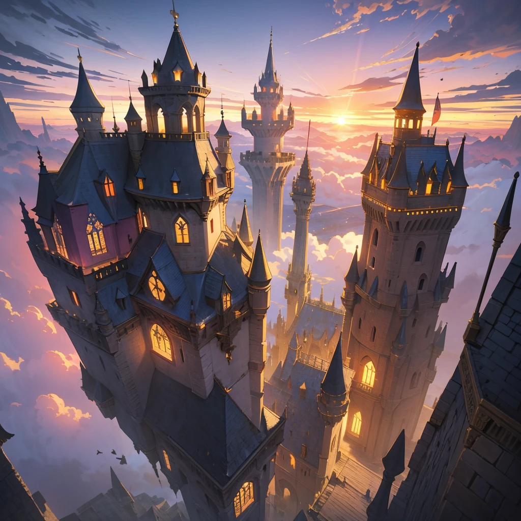 Imagine a medieval castle floating amidst the clouds, its towering spires and battlements silhouetted against a breathtaking sky. Envision majestic clouds swirling around the fortress, tinged with hues of gold and pink as the sun sets in the distance. Capture the castle's grandeur with intricate stone walls and soaring archways, adorned with ancient banners fluttering in the gentle breeze. Convey the sense of wonder and awe as this fantastical stronghold seems to defy gravity, suspended in a realm where dreams and reality merge.