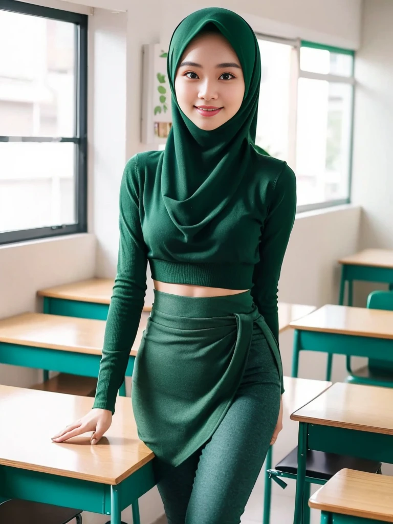 Indonesian 20 years old teacher, green tight sweater tucked in the legging, high waist legging, green hijab, standing at the classroom, small breast, flat chest, no bra, smiling, greeting the viewers, say hi!.