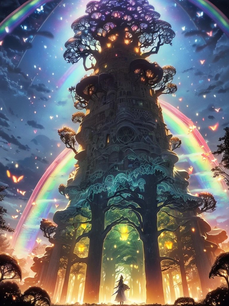 A path with stairs winding towards the sky, (((Magical Forest, Creepy tree in the dark々is smiling, Glowing eyes in the bushes, Fairies and neon fireflies fly through the field of vision))), A forest of roses of various colors blooming , {Highly detailed 16K CG unit wallpaper}, Wide大な風景写真, (Low angle view with focus on the characters and the sky above), (Wide々Clear visibility), (Low angle shot), ( highlight: 1.1), (Low Light: 1.5), (Warm light source: 1.2), Intricate details, (Rainbow colors: 1.5), (Bright lighting), (Atmospheric lighting), dream-like, Individuality, fairy tale