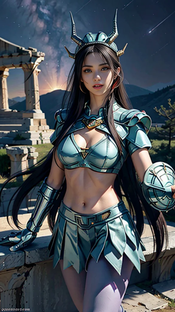 masterpiece, best quality, Ultra-high resolution, Realistic skin texture, armature, (Reality:1.4), high resolution, original photo, Glowing skin, Realistic skin texture, Optimal lighting, spark, Dramatic Lighting, Dynamic poses, (Greek temple background:1.3), Night Sky, universe, Milky Way, 1 Girl, (Mid-chest:1.1), Balanced Eyes, Dragon Zilong wearing green and silver armor, Purple pants, purple short sleeve shirt, Wearing a dragon helmet, Roman skirt, (chest:1.5), Very long hair, shield, cleveage,