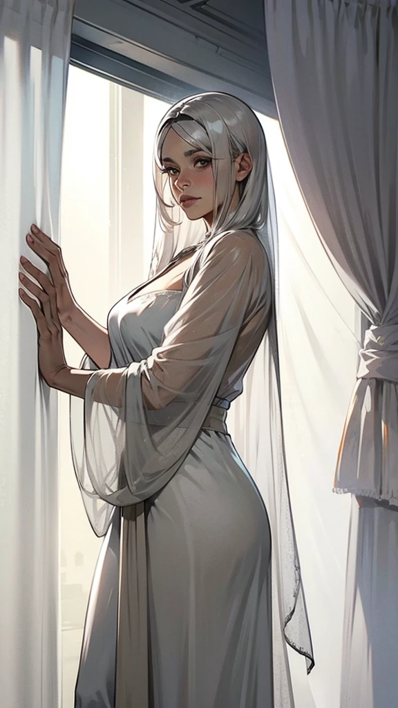 veil, gray curtains, white hair, gray white, Guvez&#39;s artistic style, A arrogant and indifferent girl, Squinting in half, white eyeball, timid, national style, Grey-White