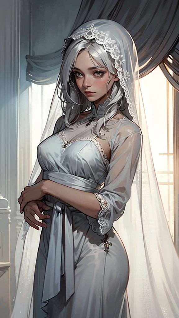 veil, gray curtains, white hair, gray white, Guvez's artistic style, A arrogant and indifferent girl, Squinting in half, white eyeball, timid, national style, Grey-White