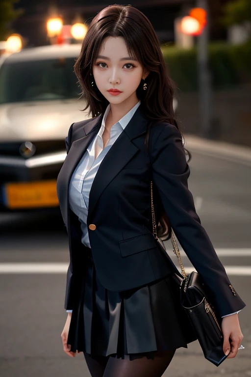 best qualtiy, tmasterpiece, 1girll, beauitful face, (photograph realistic:1.3), edge lit, (highdetailskin:1.2), 8K UHD, digital SLR camera, high high quality, A high resolution, 4K, 8K, Bokeh, absurderes, Optimal proportions of four fingers and one thumb, (realisticlying:1.3), Cute 1girl, Wearing a black formal blazer, mediuml breasts, short skirt,lacepantyhose,