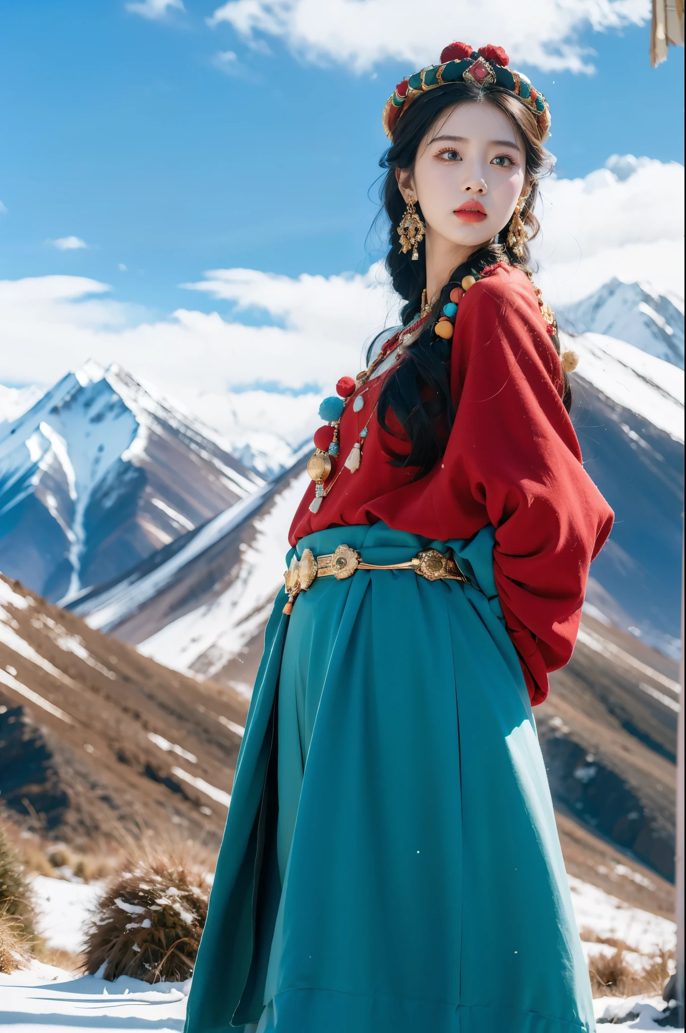 (masterpiece, best quality:1.2),red Tibetan clothing,1 Tibetan girl, blue sky, cloud, cloudy sky, day, earrings,Plush hat, horizon,Tibetan Earrings,jewelry,necklace, lips,snow mountain, outdoors, parted lips, red lips, solo,flat chest,(upper body:1.2),standing,(arms behind back:1.2),(from front:1.2)