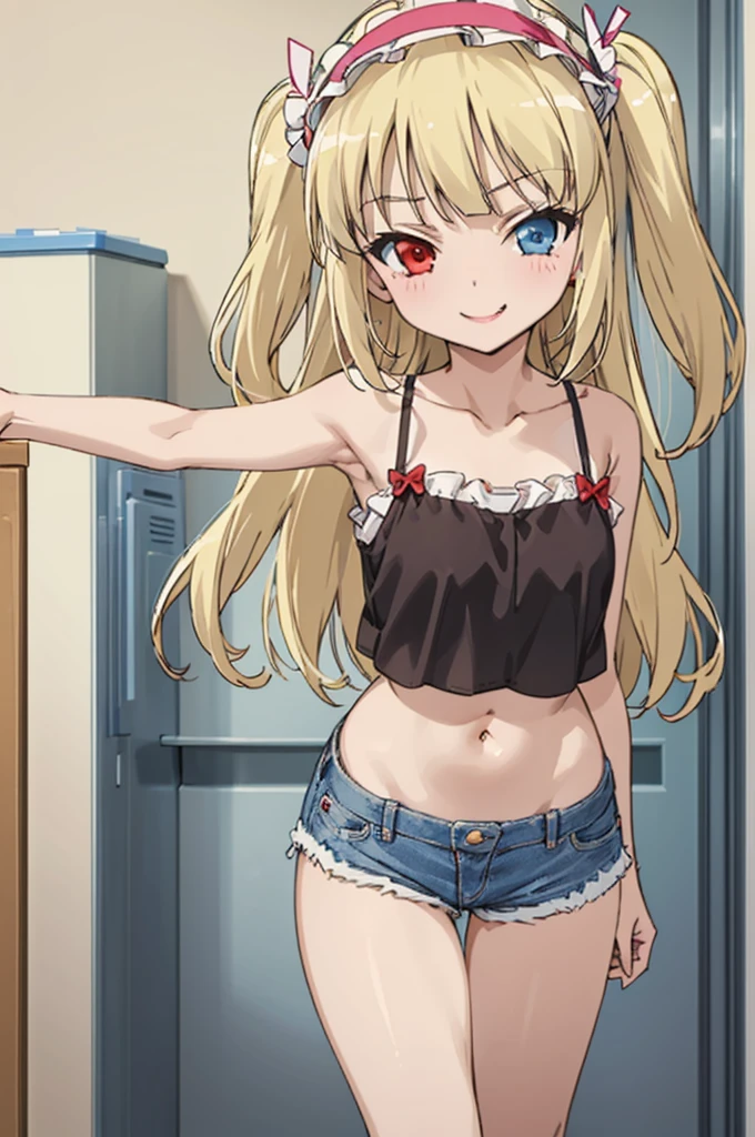 (((pixel-perfect, detail-perfect))), solo, 1girl, kobato hasegawa, heterochromia, red eyes,camisole,navel,denim shorts,socks,my room, hairband, looking at viewer, smirk, smile