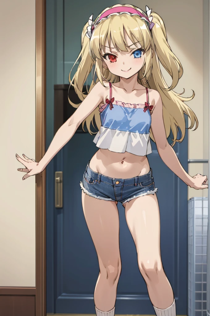 (((pixel-perfect, detail-perfect))), solo, 1girl, kobato hasegawa, heterochromia, red eyes,camisole,navel,denim shorts,socks,my room, hairband, looking at viewer, smirk, smile