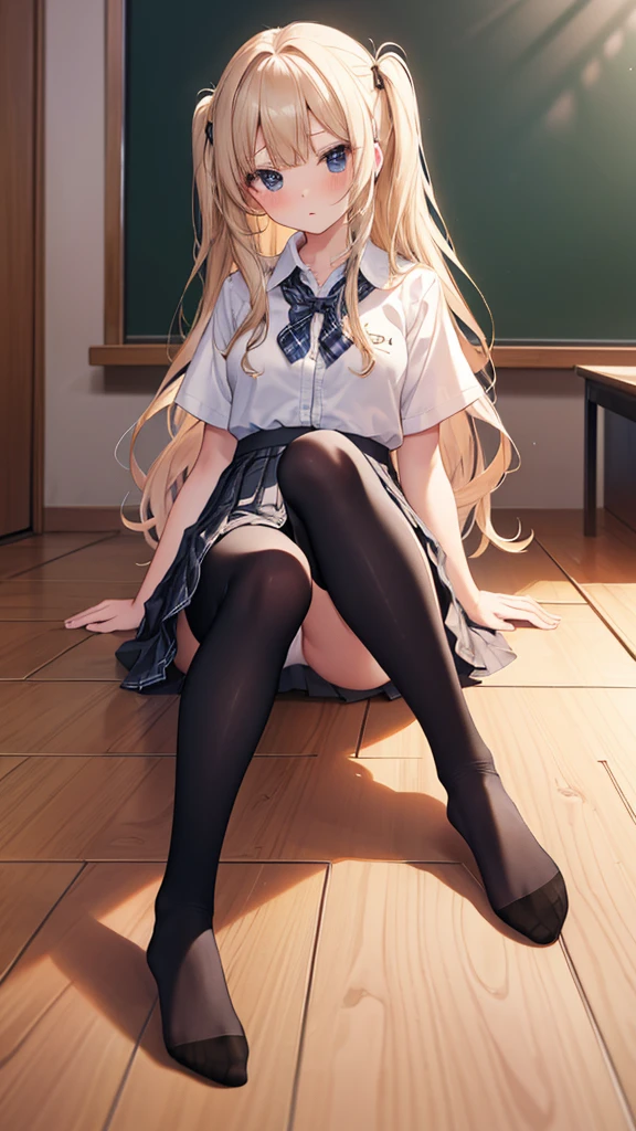 (8K、Best image quality、Highest quality、masterpiece)、One tall girl、((Full body))、Sit on the floor with your legs spread apart、White are visible、Long Hair、Wavy Hair、blush、Moderate bust、White collared shirt、Short sleeve、((Plaid pleated mini skirt))、Classroom Background、((black tights))、Black PantyhoNo shoes))