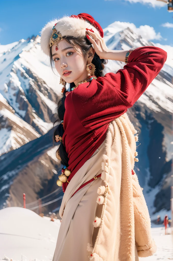 (masterpiece, best quality:1.2),red Tibetan clothing,1 Tibetan girl, blue sky, cloud, cloudy sky, day, earrings,Plush hat, horizon,Tibetan Earrings,jewelry,necklace, lips,snow mountain, outdoors, parted lips, red lips, solo,flat chest,(close-up of upper body:1.2),standing,(arms behind back:1.2),(from front:1.2)