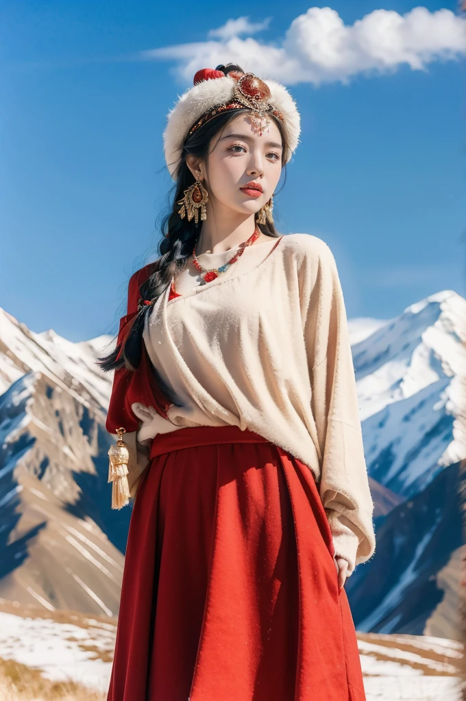 (masterpiece, best quality:1.2),red Tibetan clothing,1 Tibetan girl, blue sky, cloud, cloudy sky, day, earrings,Plush hat, horizon,Tibetan Earrings,jewelry,necklace, lips,snow mountain, outdoors, parted lips, red lips, solo,flat chest,(close-up of upper body:1.2),standing,(arms behind back:1.2),(from front:1.2)