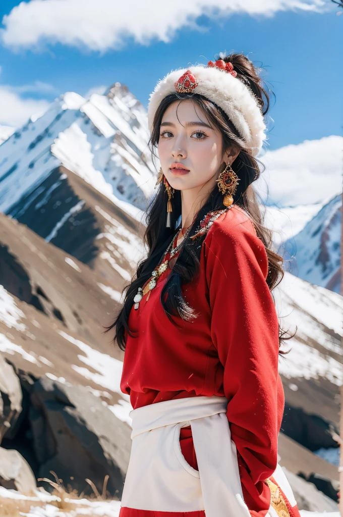 (masterpiece, best quality:1.2),red Tibetan clothing,1 Tibetan girl, blue sky, cloud, cloudy sky, day, earrings,Plush hat, horizon,Tibetan Earrings,jewelry,necklace, lips,snow mountain, outdoors, parted lips, red lips, solo,flat chest,(close-up of upper body:1.2),standing,(arms behind back:1.2),(from front:1.2)