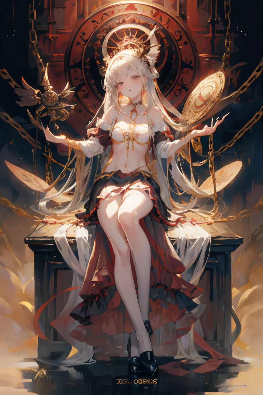  ((best quality)), ((masterpiece)), (detailed), 1girl, Character design, scholarly  female, scholar, female scholar, educator, teacher, fortune teller, palm reader, astrology, astrological symbolism, star reading, celestrial theme, heavens, heavens above, constellations, dynamic poses, long white grey hair, grey white eyes, very skinny, detailed, best quality, no accesoires around the neck, no shoes, prominent collarbones, skinny arms, flat stomach, visible hip bones, full body, blank white background, plain background, white background, red and white clothing, Bloodborne inspired, occult aesthetic, occult, detailed and intricate steampunk and detailed gothic, NSFW, Fluttering lace flared long knee length dress with frilly petticoats, knee length dress, pleated petticoats, petticoats gothic, complex lace boots, gothic aesthetic, wielding a mighty sword with mechanical components, mandalas, small breasts, a fairy, various different types of insect wings, beetle wings, NSFW, full body, whole body, body, chains, 