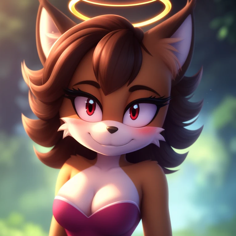Miyu, strapless tight dress, cleavage, two-tone hair (brown hair, black tip)), curly hair, halo, sunglasses, jewelry, red eyes, longeyelashes, red eyes, smile, shy, blush, high detail, masterpiece, UHD, anatomically correct, super detail, highres, 4K