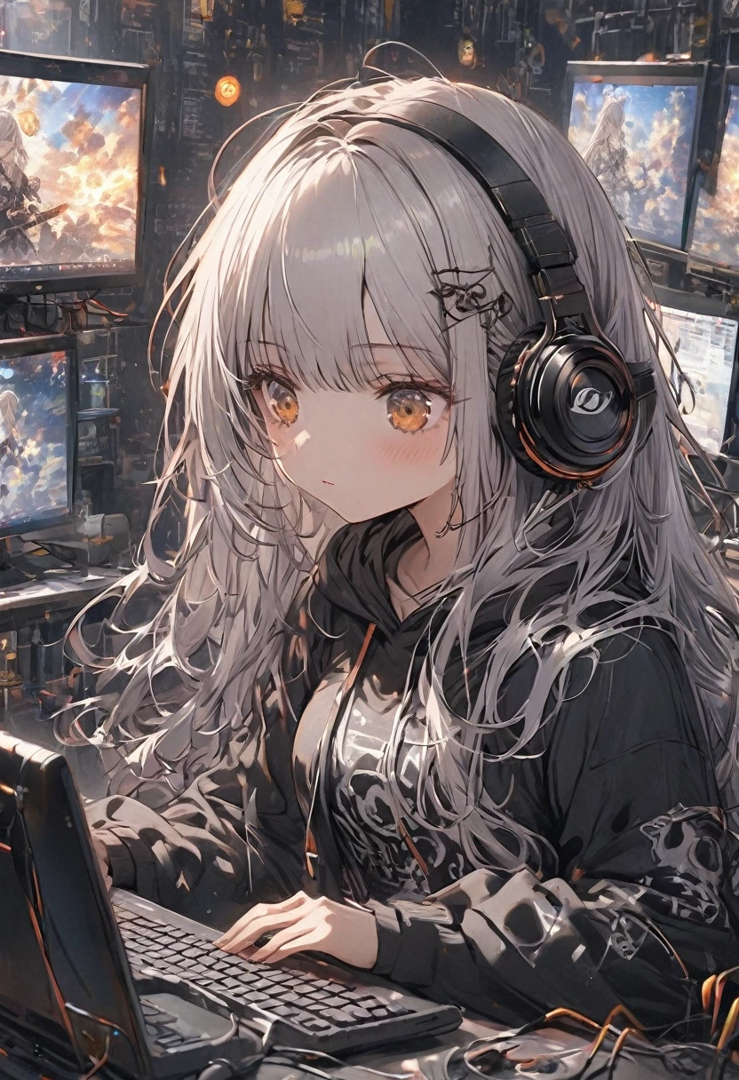 Woman using computer with big screen、Silver Hair、Semi-long hair、Wearing cool headphones,{{{{{{{{ Black hoodie oversized }}}}}}}},Beautiful and delicate golden eyes,thought,Black clothes, Detailed Background
