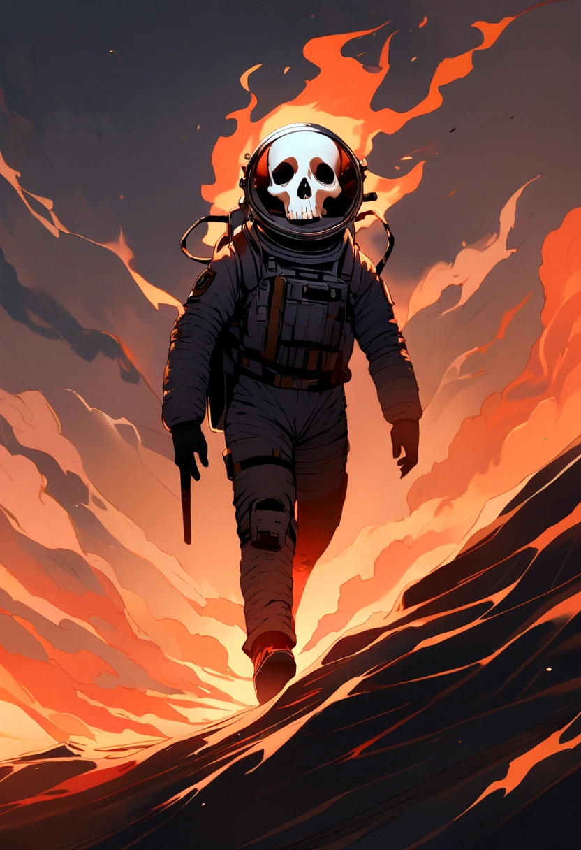 Skull-headed astronaut walking on fire