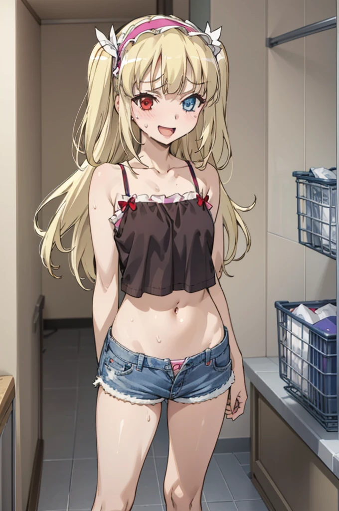 (((pixel-perfect, detail-perfect))), solo, 1girl, kobato hasegawa, heterochromia, red eyes,camisole,navel,denim shorts,socks,my room, hairband, looking at viewer, smirk, smile,sweating,open mouth