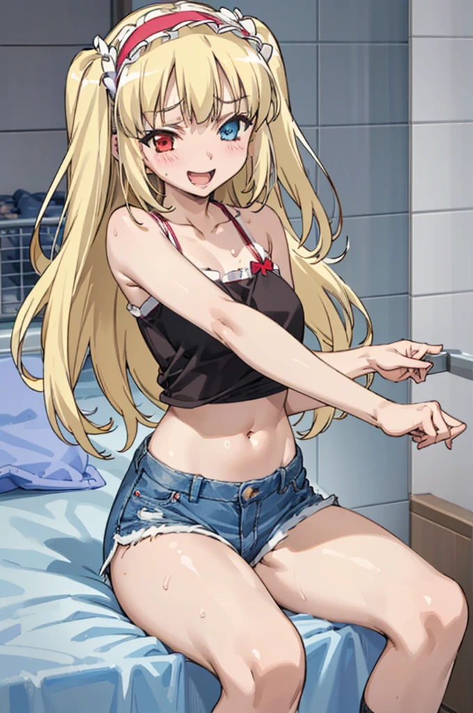 (((pixel-perfect, detail-perfect))), solo, 1girl, kobato hasegawa, heterochromia, red eyes,camisole,navel,denim shorts,socks,my room, hairband, looking at viewer, smirk, smile,sweating,open mouth