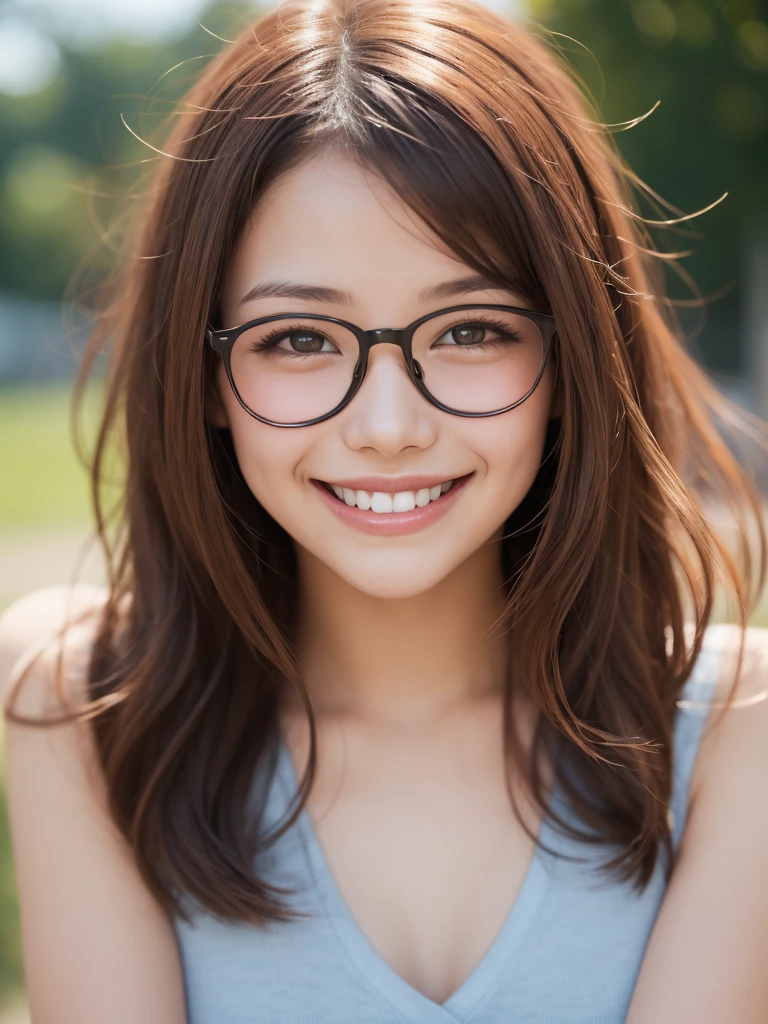 Beautiful young girl，Glasses with narrow frames，Face lighting，最high quality， ((((Very smiling，Summer women&#39;s clothing，Beautiful feet，Cafe，evening)))，非常にBeautiful detailsな顔, (Slender body:1.4), (Detailed face:1.2), Conceptual Art, high quality, Realistic, Very detailed CG 統合 8k 壁紙, Very detailed, High resolution raw color photos, Professional photography, Cinematic Light, Beautiful details, Super detailed, Advanced Details, Depth of written boundary, Super stylish lighting, (Beautiful small chest:1.2), Smooth and flawless skin, Expressive and captivating eyes, Well-defined facial features, A perfectly balanced face, Fine Details and Realistic Textures，Blurred Background