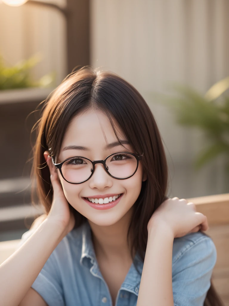 highest quality, masterpiece, ultra high resolution, (realistic:1.4), (close portrait) RAW photo, 1 girl, 22 years ago, ((small round glasses))((Anna Millers uniform)),((Part-time job at a restaurant))masterpiece, realistic pictures, japanese pictures, fuji negative film, saturation, contrast, Pocari Sweat Advertisement ((small breasts)),((smile showing teeth)),long hair top ponytail,brown hair,