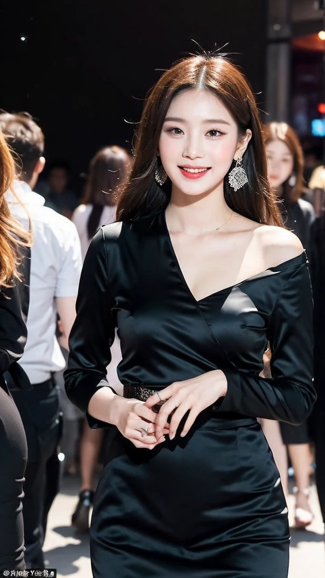 In the midst of the lively party scene, a stunning 24-year-old woman stands out in her chic black attire. She radiates charm and confidence, her posture exuding grace as she engages effortlessly with the diverse crowd around her. Amidst the music and laughter, her presence captivates, drawing admiring glances from those nearby who are struck by her beauty and poise