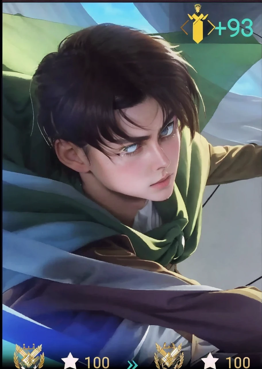 Eren Yeager has a German appearance, with a fairly long face, brown hair, round turquoise eyes. His skin appears slightly yellower than the other characters. Her short hair reached the nape of her neck and was parted in front of her forehead in a kind of curtain. The eyes are quite large and expressive.